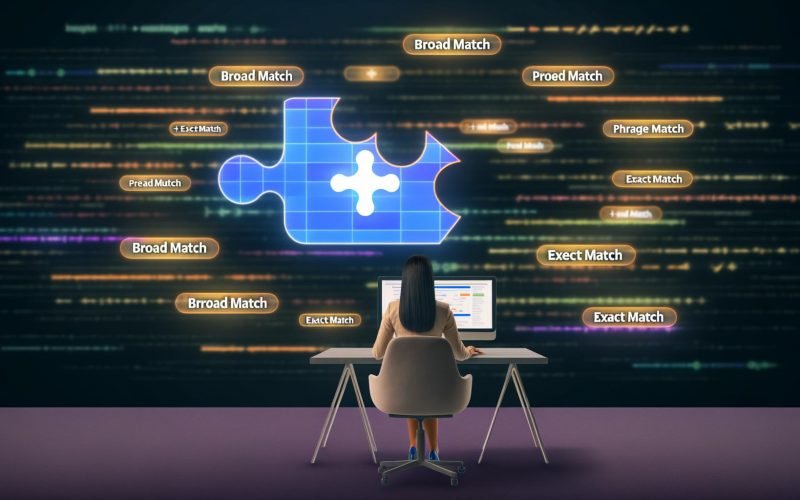 Digital Marketer an einem Computer, umgeben von Keywords wie Broad Match, Phrase Match, Exact Match und einem leuchtenden +seo +agentur. Im Hintergrund lösen sich Puzzle-Stücke und Datenströme auf, Symbole für Google Ads Entwicklung und KI-gesteuerte Automatisierung.