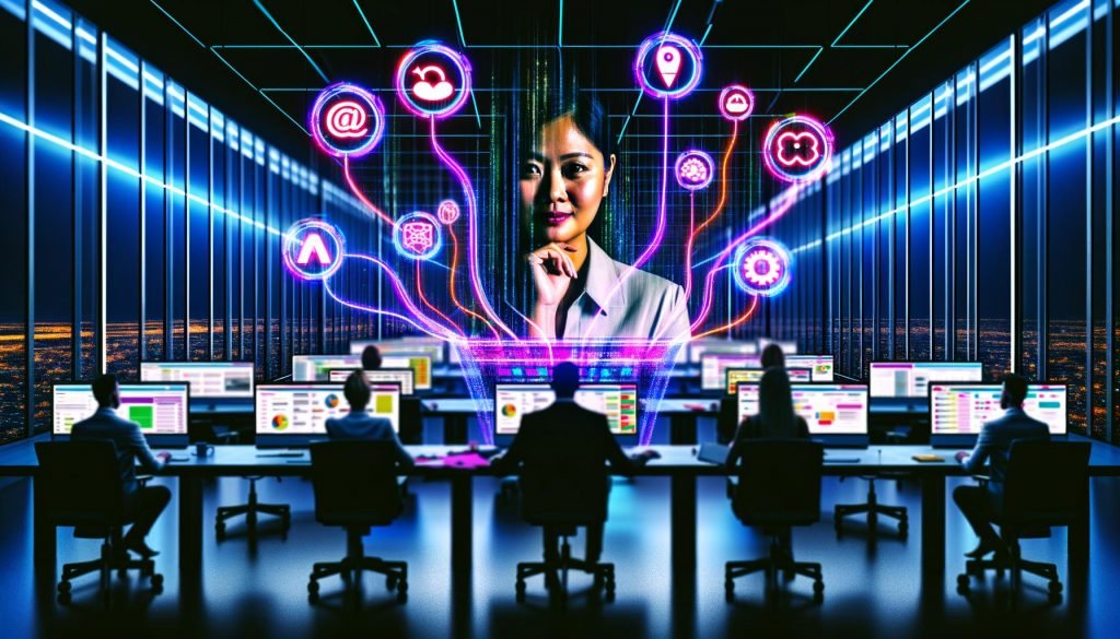 Hypermoderner Büroraum mit Marketer am Schreibtisch, umgeben von schwebenden API-Logos, farbigen Datenströmen und vernetzten Arbeitsstationen, bunte Neonlichter und digitale Bildschirme im futuristischen Stil.