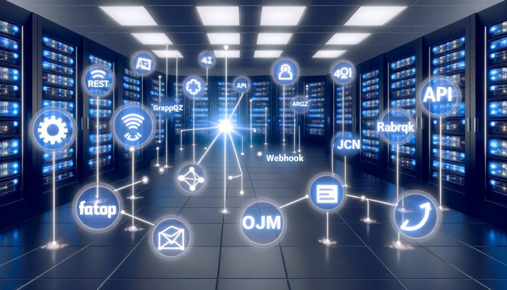 Serverraum mit leuchtenden Datenströmen, API-Symbolen (REST, GraphQL, Webhook, OAuth2, JSON) und abstrahierten Marketing-Tools wie Facebook Ads, Google Analytics und CRM, verbunden durch Netzwerkverbindungen in modernem, minimalistischem Stil.