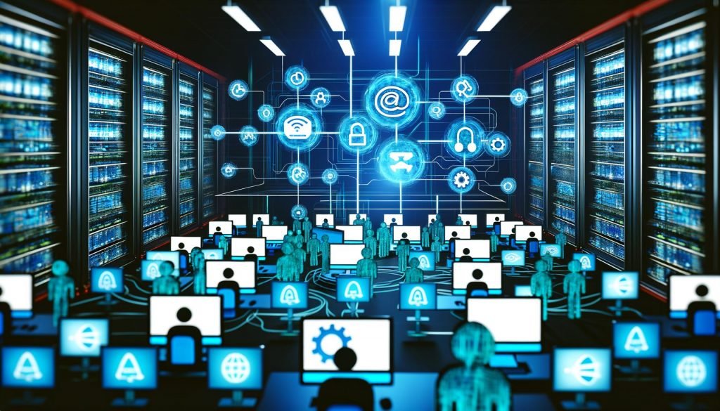 Moderner Serverraum mit schwebenden Neon-API-Icons, zentraler Datenplattform, arbeitenden Marketern und Entwicklern vor Monitoren, sichtbar werden Datenflüsse und Automatisierungssymbole.