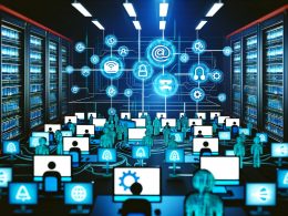 Moderner Serverraum mit schwebenden Neon-API-Icons, zentraler Datenplattform, arbeitenden Marketern und Entwicklern vor Monitoren, sichtbar werden Datenflüsse und Automatisierungssymbole.