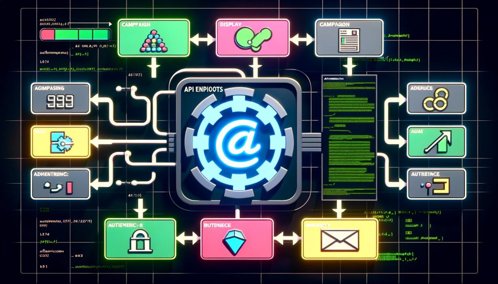 Futuristisches Bedienfeld mit leuchtendem API-Icon, Netzwerkdiagrammen, Infotafel zu Endpunkten wie /campaigns, visuelles Datenmodell mit Kampagne, Anzeige und Zielgruppe, automatisierter Workflow mit Webhook, Vergleich von REST, GraphQL und Streaming APIs, Integrations-Blueprint und Brücke in die Zukunft des Marketings.