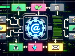 Futuristisches Bedienfeld mit leuchtendem API-Icon, Netzwerkdiagrammen, Infotafel zu Endpunkten wie /campaigns, visuelles Datenmodell mit Kampagne, Anzeige und Zielgruppe, automatisierter Workflow mit Webhook, Vergleich von REST, GraphQL und Streaming APIs, Integrations-Blueprint und Brücke in die Zukunft des Marketings.