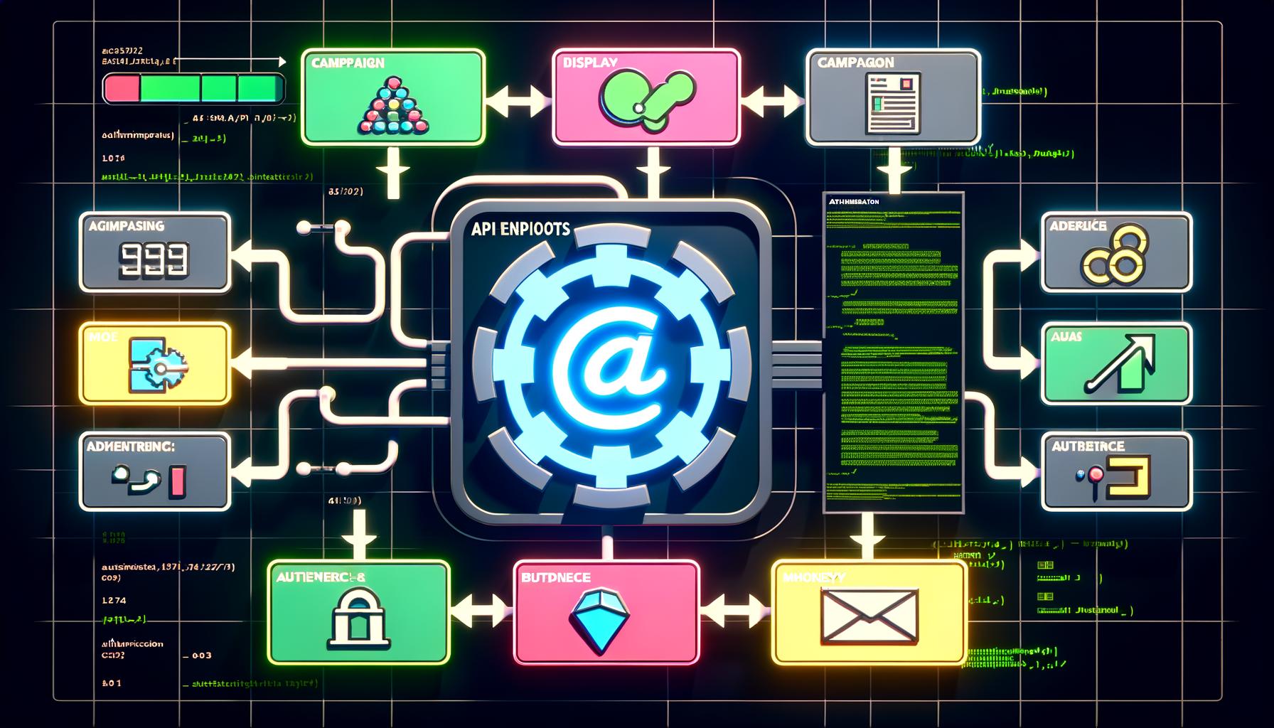 Futuristisches Bedienfeld mit leuchtendem API-Icon, Netzwerkdiagrammen, Infotafel zu Endpunkten wie /campaigns, visuelles Datenmodell mit Kampagne, Anzeige und Zielgruppe, automatisierter Workflow mit Webhook, Vergleich von REST, GraphQL und Streaming APIs, Integrations-Blueprint und Brücke in die Zukunft des Marketings.