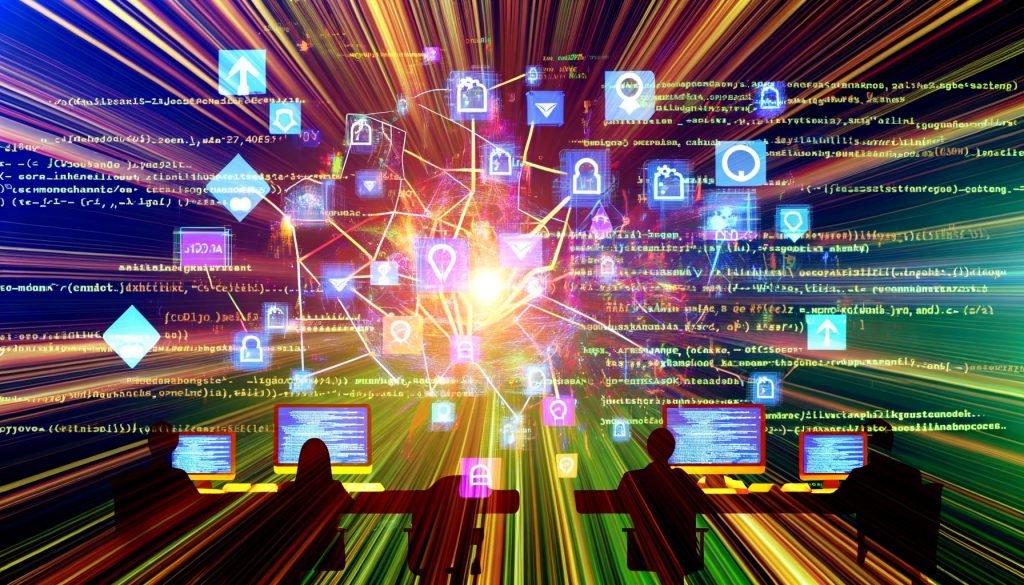 Modernes Magazin-Titelbild mit Datenströmen, Codezeilen und Plattform-Logos (Google, Meta, TikTok, LinkedIn), vereint zu einem leuchtenden Knotenpunkt; Marketer beobachten Kampagnen an Bildschirmen vor digitalem, futuristischem Hintergrund.