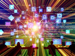 Modernes Magazin-Titelbild mit Datenströmen, Codezeilen und Plattform-Logos (Google, Meta, TikTok, LinkedIn), vereint zu einem leuchtenden Knotenpunkt; Marketer beobachten Kampagnen an Bildschirmen vor digitalem, futuristischem Hintergrund.