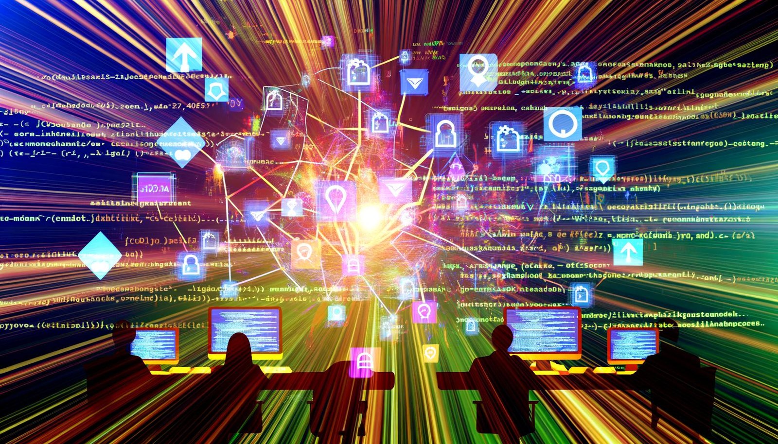 Modernes Magazin-Titelbild mit Datenströmen, Codezeilen und Plattform-Logos (Google, Meta, TikTok, LinkedIn), vereint zu einem leuchtenden Knotenpunkt; Marketer beobachten Kampagnen an Bildschirmen vor digitalem, futuristischem Hintergrund.