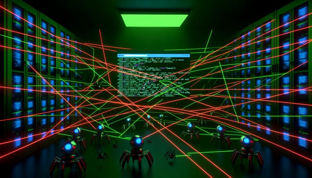 Serverraum mit grünen und roten Laserlinien, Googlebots als mechanische Spinnen umkreisen einen Computerbildschirm mit sichtbarem Quellcode und neonfarbenen Fehlermeldungen, Symbol für das komplexe SEO-Labyrinth.