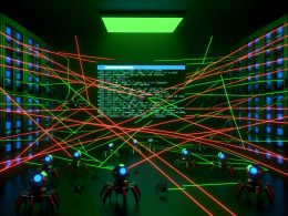 Serverraum mit grünen und roten Laserlinien, Googlebots als mechanische Spinnen umkreisen einen Computerbildschirm mit sichtbarem Quellcode und neonfarbenen Fehlermeldungen, Symbol für das komplexe SEO-Labyrinth.