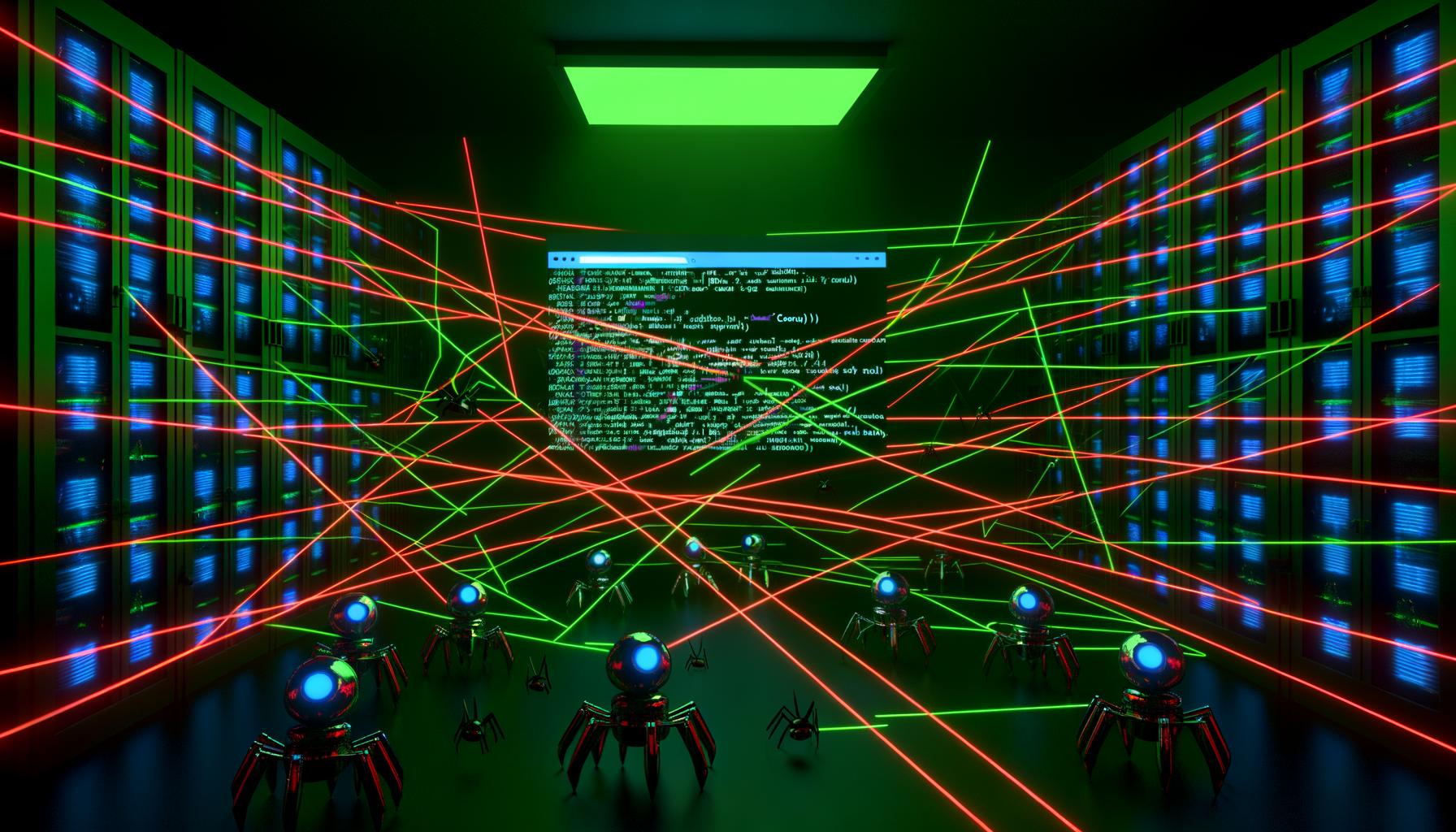 Serverraum mit grünen und roten Laserlinien, Googlebots als mechanische Spinnen umkreisen einen Computerbildschirm mit sichtbarem Quellcode und neonfarbenen Fehlermeldungen, Symbol für das komplexe SEO-Labyrinth.