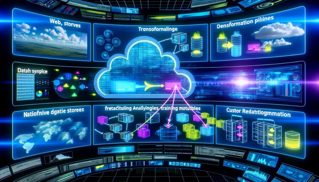 Futuristisches Datenzentrum mit Hologramm-Bildschirmen, Datenpipelines, Data Lake, Feature Stores und KI-Avataren, die Echtzeit-Analysen und Predictive Analytics Prozesse überwachen.