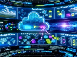 Futuristisches Datenzentrum mit Hologramm-Bildschirmen, Datenpipelines, Data Lake, Feature Stores und KI-Avataren, die Echtzeit-Analysen und Predictive Analytics Prozesse überwachen.