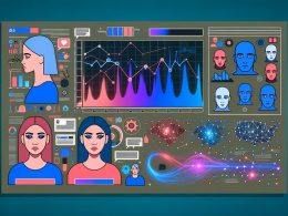 Abstrahiertes Dashboard mit Heatmaps, Liniencharts und Data-Streams im Editorial-Stil, umgeben von Avataren und KI-Elementen auf dunklem Hintergrund mit Neonakzenten.