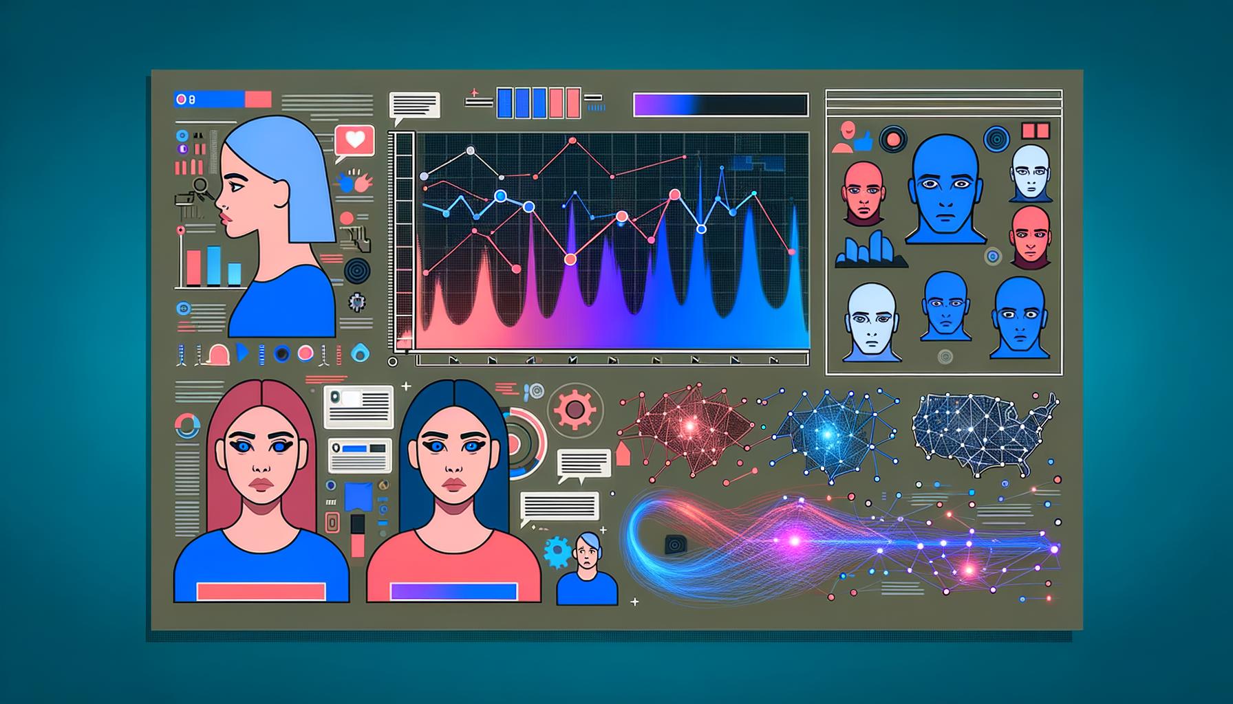 Abstrahiertes Dashboard mit Heatmaps, Liniencharts und Data-Streams im Editorial-Stil, umgeben von Avataren und KI-Elementen auf dunklem Hintergrund mit Neonakzenten.