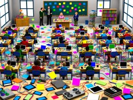 Überfülltes Klassenzimmer mit verschiedenen digitalen Geräten, bunten Post-its mit IT-Begriffen, gestressten Lehrern und gelangweilten Schülern als Symbol für digitale Herausforderungen in der Bildung.