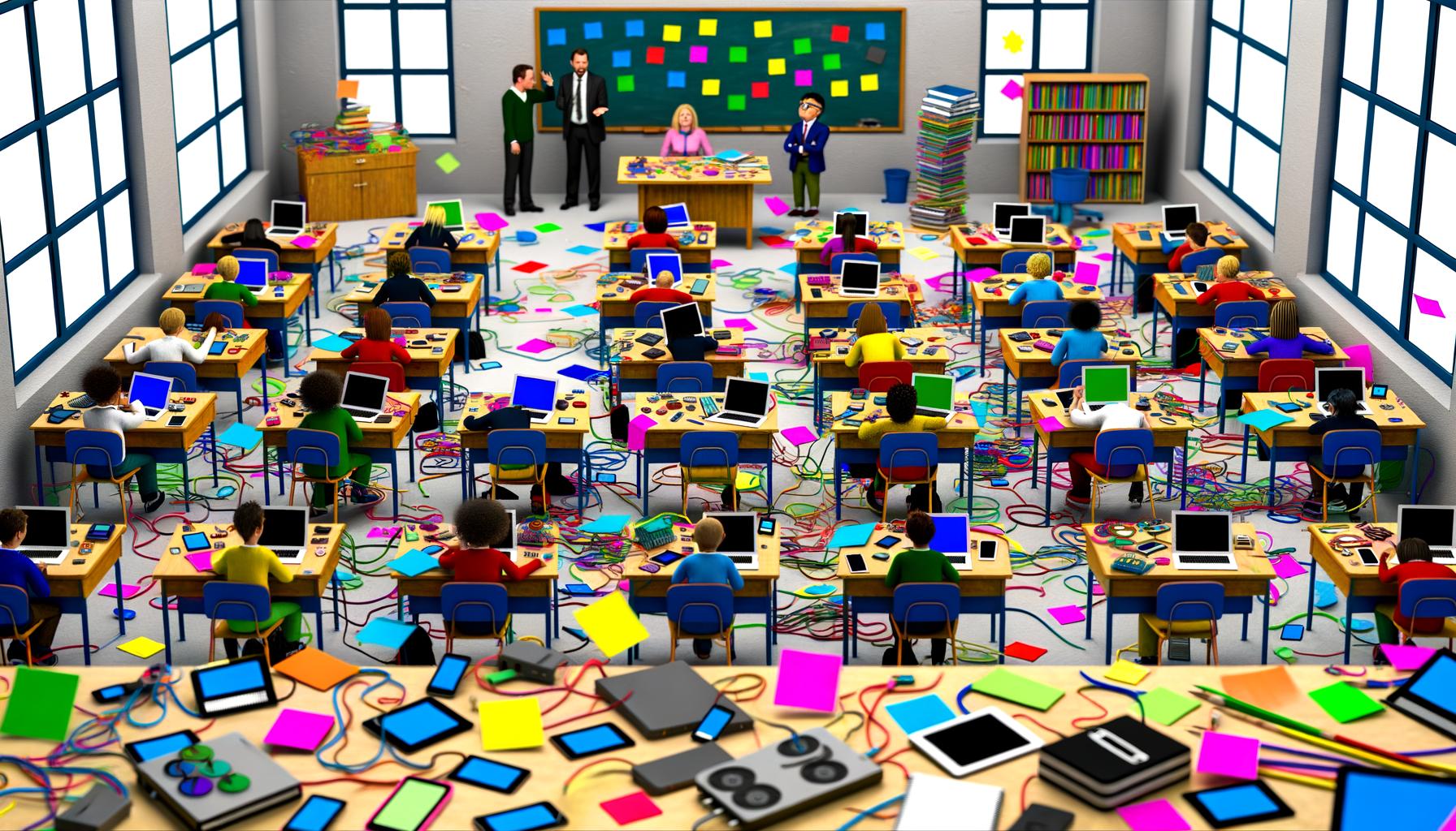Überfülltes Klassenzimmer mit verschiedenen digitalen Geräten, bunten Post-its mit IT-Begriffen, gestressten Lehrern und gelangweilten Schülern als Symbol für digitale Herausforderungen in der Bildung.