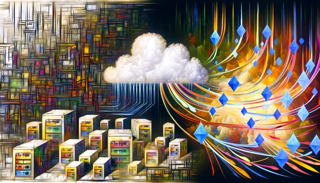 Abstrakte Collage zeigt den Übergang von veralteten, monolithischen DAM-Servern zu einer skalierbaren Headless-Architektur mit APIs, Cloud und verschiedenen Endgeräten.