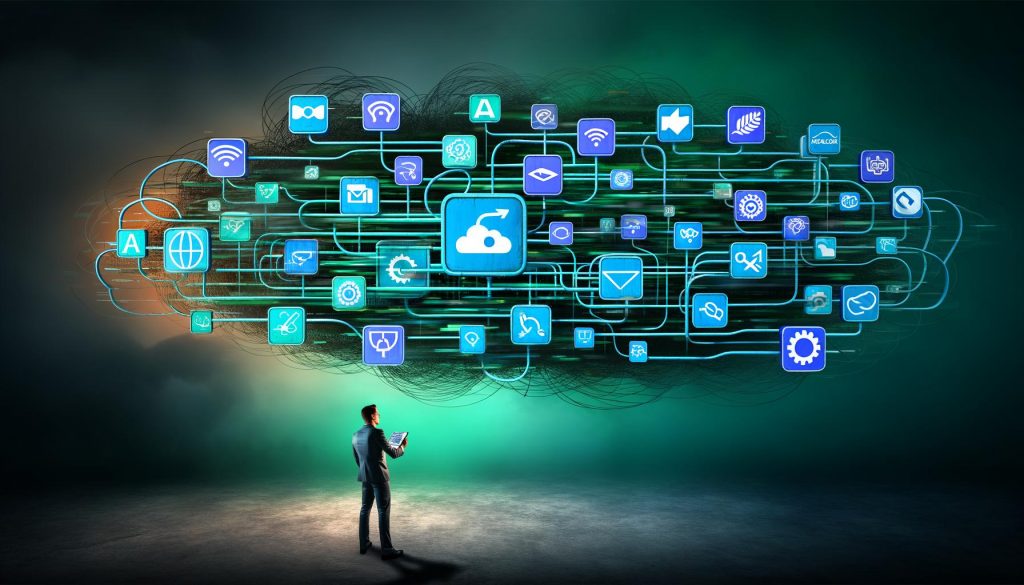 Dramatisches Titelbild mit digitalem API-Dschungel, in dem eine moderne Büro-Person mit Tablet eine Tech-Karte prüft. Schilder mit großen Logos von Google, Meta, HubSpot, Salesforce und Microsoft zeigen in unterschiedliche Richtungen. Im Hintergrund verschlungene Kabel und API-Symbole.