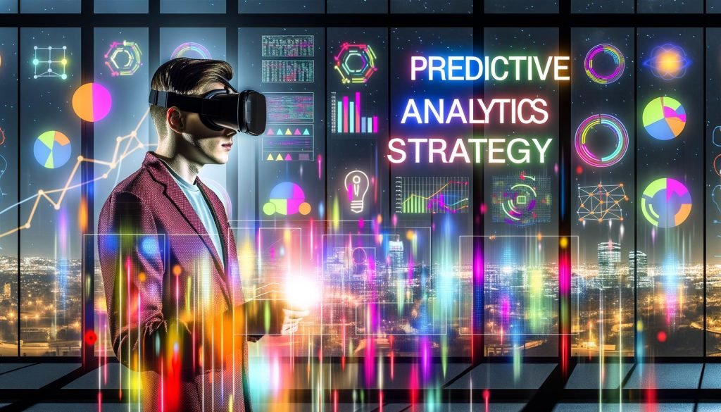 Magazin-Titelbild: Person mit VR-Brille und Headset betrachtet nachts im urbanen Loft ein futuristisches, beleuchtetes Dashboard mit bunten Datencharts und Algorithmussymbolen, umgeben von digitalen Matrix-Codes. Die Skyline ist durch große Fenster zu sehen. Thema: Predictive Analytics Strategie.
