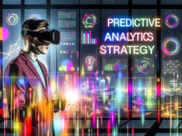 Magazin-Titelbild: Person mit VR-Brille und Headset betrachtet nachts im urbanen Loft ein futuristisches, beleuchtetes Dashboard mit bunten Datencharts und Algorithmussymbolen, umgeben von digitalen Matrix-Codes. Die Skyline ist durch große Fenster zu sehen. Thema: Predictive Analytics Strategie.