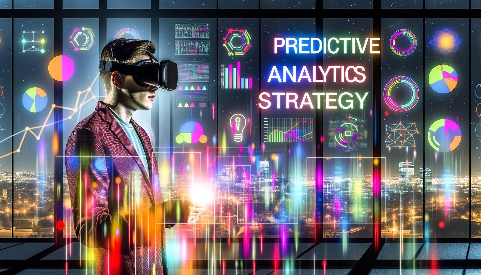 Magazin-Titelbild: Person mit VR-Brille und Headset betrachtet nachts im urbanen Loft ein futuristisches, beleuchtetes Dashboard mit bunten Datencharts und Algorithmussymbolen, umgeben von digitalen Matrix-Codes. Die Skyline ist durch große Fenster zu sehen. Thema: Predictive Analytics Strategie.