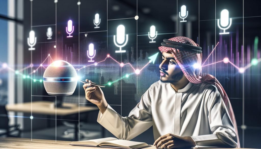 Marketingprofi spricht im futuristischen Büro mit Smart Speaker, umgeben von Icons für Alexa, Google Assistant und Siri sowie Visualisierungen von Marketingtrends