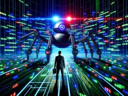 Stilisierte Darstellung eines SEO-Profis vor einem leuchtenden Code-Wall, der einer riesigen Googlebot-Spinne mit Datenströmen begegnet, umgeben von fehlerhaften Website-Seiten und Radar-Grafiken.