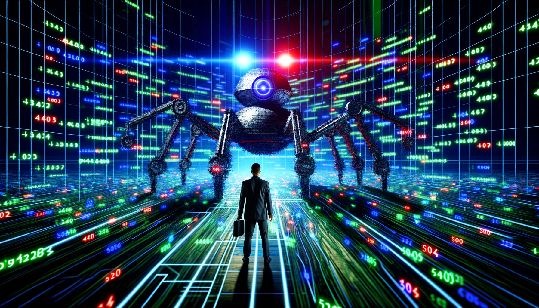 Stilisierte Darstellung eines SEO-Profis vor einem leuchtenden Code-Wall, der einer riesigen Googlebot-Spinne mit Datenströmen begegnet, umgeben von fehlerhaften Website-Seiten und Radar-Grafiken.