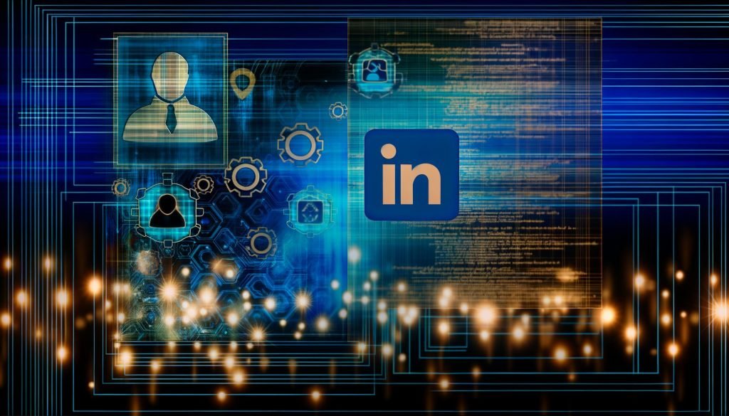 Futuristisches Tech-Titelbild mit LinkedIn-Interface, Netzwerk-Linien, Programmcode, Circuit-Motiven, Avataren, Zahnrädern und Cloud-Symbolen auf blauem digitalen Hintergrund.