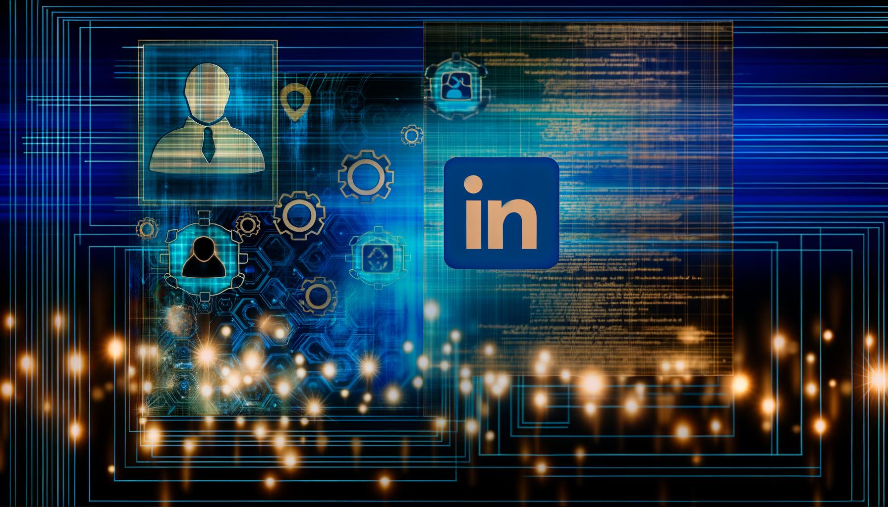 Futuristisches Tech-Titelbild mit LinkedIn-Interface, Netzwerk-Linien, Programmcode, Circuit-Motiven, Avataren, Zahnrädern und Cloud-Symbolen auf blauem digitalen Hintergrund.