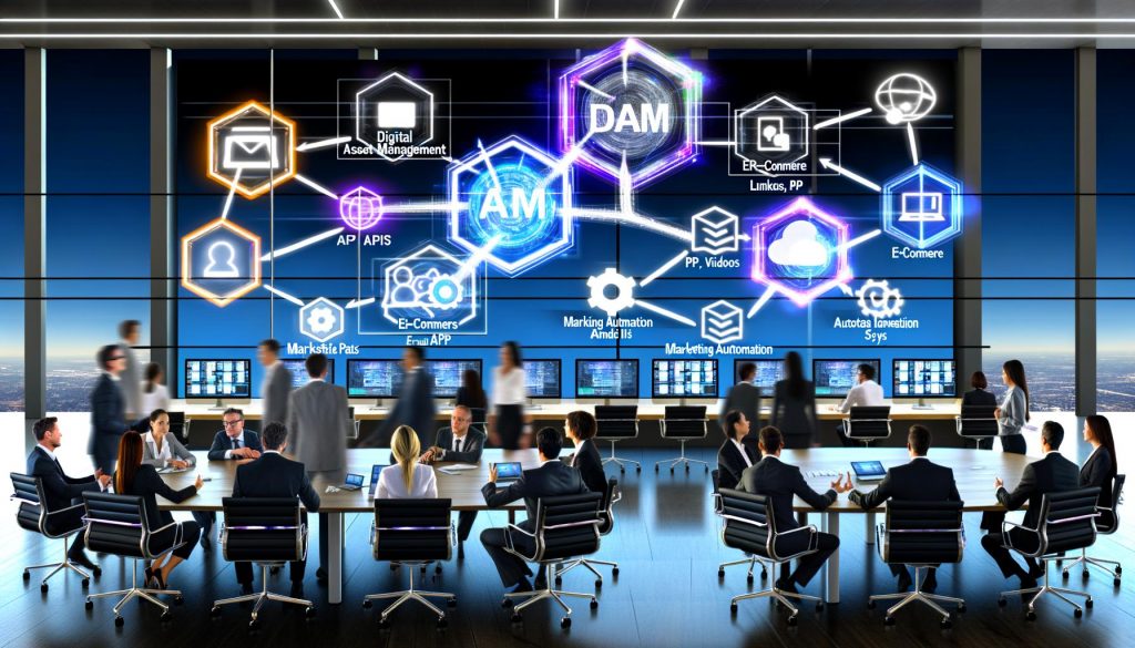 Marketing- und IT-Profis in modernem Büro, zentrale DAM-Plattform integriert CMS, PIM, ERP, E-Commerce und Marketing Automation über verknüpfte digitale Bildschirme mit animierten Datenströmen und digitalen Assets.