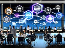 Marketing- und IT-Profis in modernem Büro, zentrale DAM-Plattform integriert CMS, PIM, ERP, E-Commerce und Marketing Automation über verknüpfte digitale Bildschirme mit animierten Datenströmen und digitalen Assets.