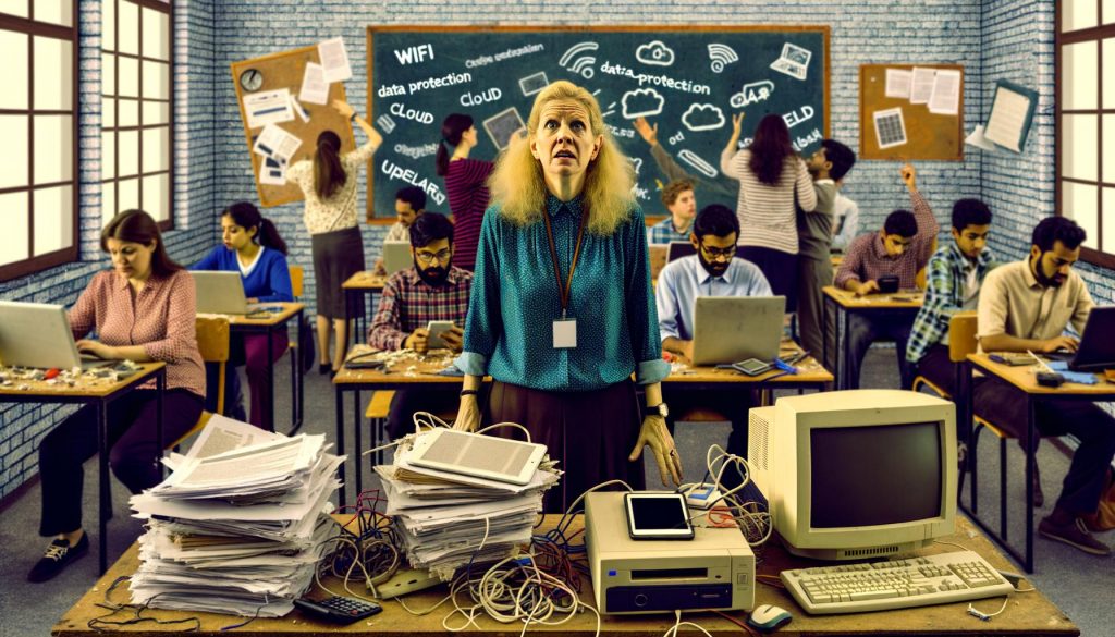 Lehrkraft steht ratlos in einem unordentlichen Klassenzimmer voller veralteter Computertechnik, defekter Tablets und verwirrter Schüler vor einem Whiteboard mit digitalen Fachbegriffen.