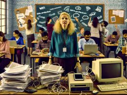 Lehrkraft steht ratlos in einem unordentlichen Klassenzimmer voller veralteter Computertechnik, defekter Tablets und verwirrter Schüler vor einem Whiteboard mit digitalen Fachbegriffen.