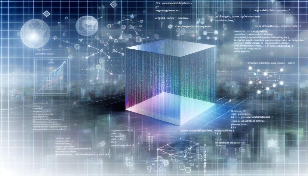 Futuristischer Glaswürfel mit leuchtenden Daten, Algorithmen und Hologrammen für Predictive Analytics und KI in einer modernen Stadtumgebung.