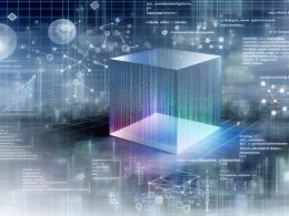 Futuristischer Glaswürfel mit leuchtenden Daten, Algorithmen und Hologrammen für Predictive Analytics und KI in einer modernen Stadtumgebung.