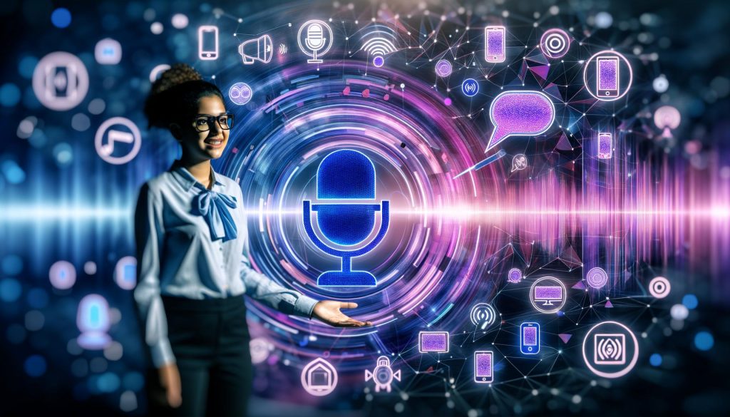 Professionelle junge Frau vor futuristischer Voice-Interface-Oberfläche mit Symbolen für Sprachassistenten, umgeben von Smart Speakern, Smartphones und Autos in blauen und violetten Farbtönen.