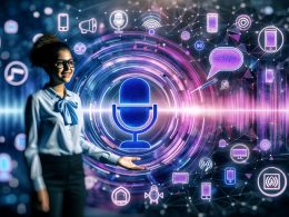 Professionelle junge Frau vor futuristischer Voice-Interface-Oberfläche mit Symbolen für Sprachassistenten, umgeben von Smart Speakern, Smartphones und Autos in blauen und violetten Farbtönen.