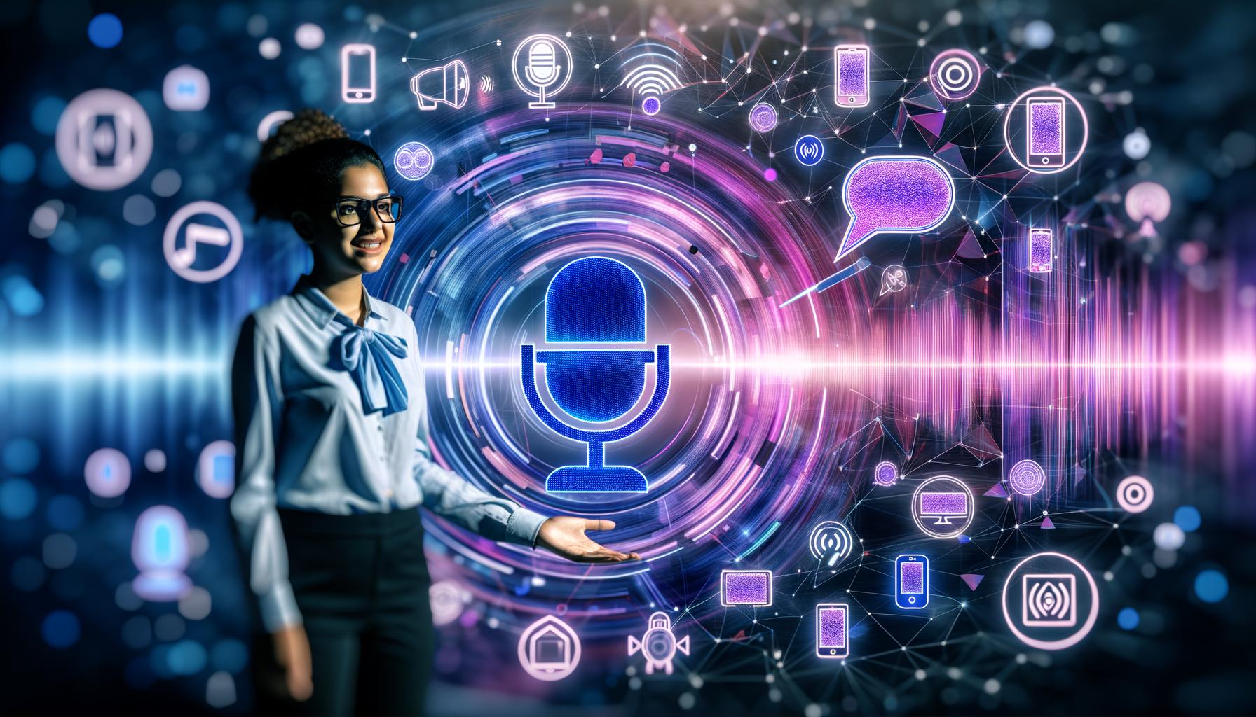 Professionelle junge Frau vor futuristischer Voice-Interface-Oberfläche mit Symbolen für Sprachassistenten, umgeben von Smart Speakern, Smartphones und Autos in blauen und violetten Farbtönen.