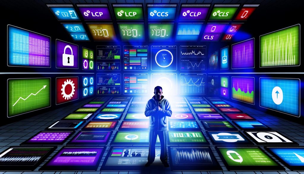 Webentwickler im Hightech-Kontrollraum beobachtet kritisch bunte Analytik-Monitore mit Metriken wie LCP, FID und CLS; Sicherheits-, Geschwindigkeits- und SEO-Symbole betonen den Wettbewerbsdruck.