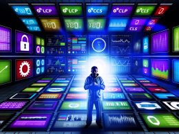 Webentwickler im Hightech-Kontrollraum beobachtet kritisch bunte Analytik-Monitore mit Metriken wie LCP, FID und CLS; Sicherheits-, Geschwindigkeits- und SEO-Symbole betonen den Wettbewerbsdruck.