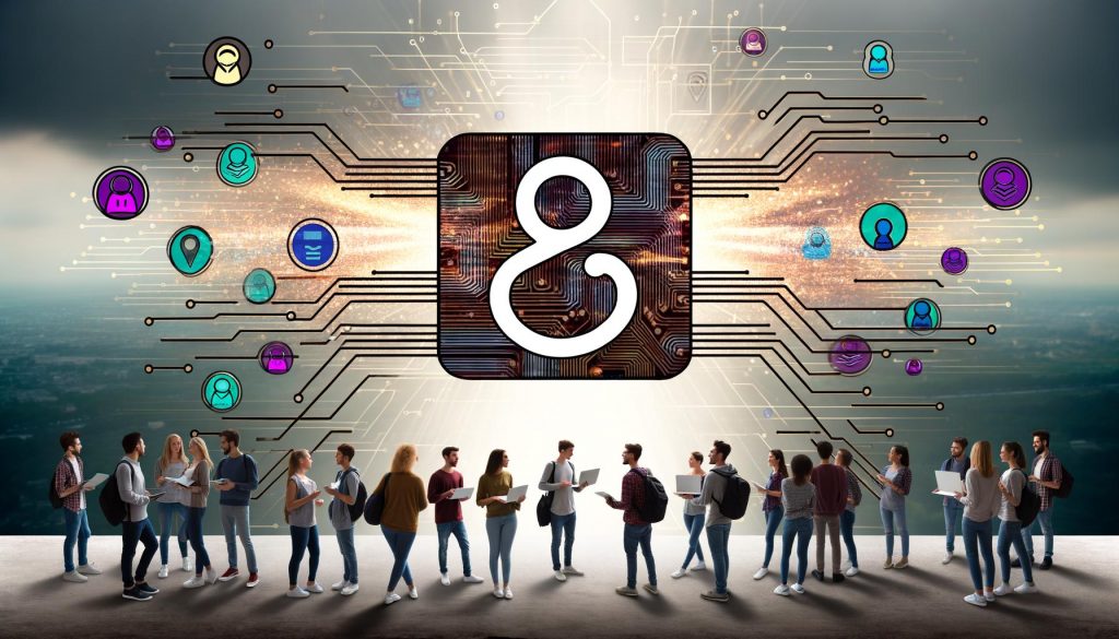 Stilisiertes Titelbild mit Schaltkreis, LinkedIn-Logo, einer Gruppe von Techies und Marketers im Vordergrund, umgeben von digitalen Datenströmen und Symbolen