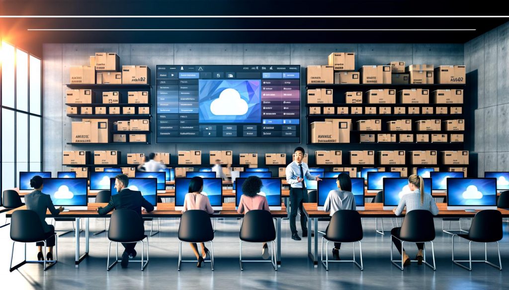 Marketingteam im modernen Großraumbüro nutzt eine zentrale Digital Asset Management Plattform auf mehreren Bildschirmen, im Hintergrund stehen chaotisch gestapelte Kartons mit ‚Dropbox‘, ‚E-Mail‘ und ‚Cloud‘.