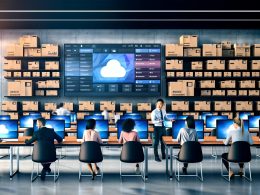 Marketingteam im modernen Großraumbüro nutzt eine zentrale Digital Asset Management Plattform auf mehreren Bildschirmen, im Hintergrund stehen chaotisch gestapelte Kartons mit ‚Dropbox‘, ‚E-Mail‘ und ‚Cloud‘.