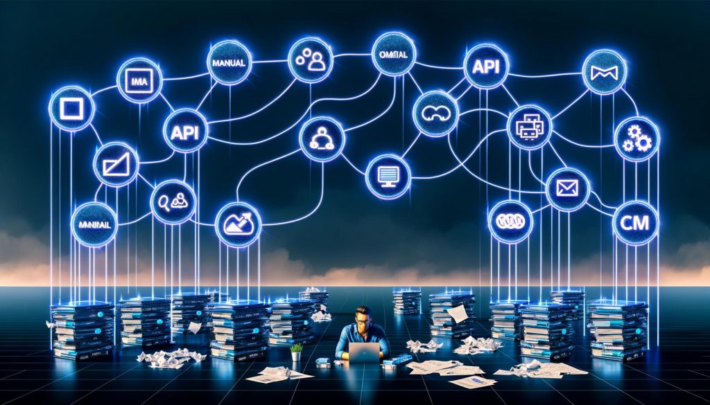 Dunkle Serverlandschaft mit leuchtenden API-Knotenpunkten, die große Marketingplattform-Logos wie Google Ads, Facebook, HubSpot, Mailchimp und Salesforce verbinden. Im Vordergrund ein moderner Marketer am Laptop, zu seinen Füßen zerknüllte Excel- und CSV-Dateien. Szenen mit manuellen Prozessen, Netzwerk-Grafiken, Sicherheits-Symbolen und zukunftsorientiertem Datenstrom.