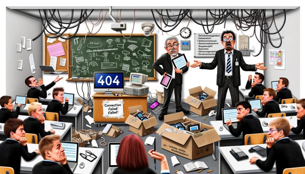 Karikaturen und Illustrationen zeigen deutsche Schulen im digitalen Wandel: Veraltete Technik, überlastete IT-Admins, Fehlermeldungen auf Tablets, Schulcloud-Pannen, digitale Flickenteppiche, Politiker mit Ausreden und moderne Idealklassenräume.