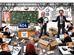 Karikaturen und Illustrationen zeigen deutsche Schulen im digitalen Wandel: Veraltete Technik, überlastete IT-Admins, Fehlermeldungen auf Tablets, Schulcloud-Pannen, digitale Flickenteppiche, Politiker mit Ausreden und moderne Idealklassenräume.