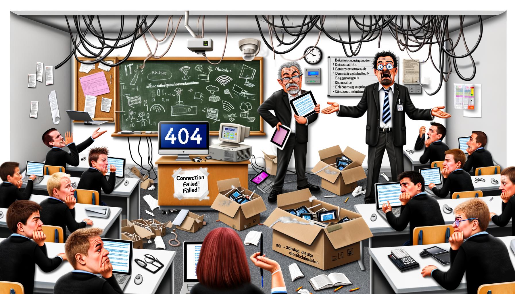 Karikaturen und Illustrationen zeigen deutsche Schulen im digitalen Wandel: Veraltete Technik, überlastete IT-Admins, Fehlermeldungen auf Tablets, Schulcloud-Pannen, digitale Flickenteppiche, Politiker mit Ausreden und moderne Idealklassenräume.