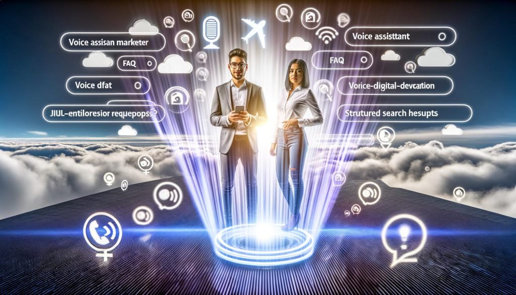 Futuristisches Titelbild mit jungem Marketingexperten und Entwicklerin, zwischen Icons von Sprachassistenten, FAQ-Symbolen und strukturierter Datenvisualisierung. Im Vordergrund schwebt ein Smartphone mit strahlenden Sprachwellen und angezeigten Suchergebnissen. Im Hintergrund digitale Wolken als Symbol für Cloud-Technologien.