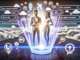 Futuristisches Titelbild mit jungem Marketingexperten und Entwicklerin, zwischen Icons von Sprachassistenten, FAQ-Symbolen und strukturierter Datenvisualisierung. Im Vordergrund schwebt ein Smartphone mit strahlenden Sprachwellen und angezeigten Suchergebnissen. Im Hintergrund digitale Wolken als Symbol für Cloud-Technologien.